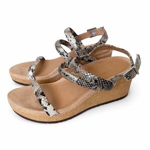 Vionic Womens Raffia Black Boa Leather Wedge Sandal Strappy Size 9.5 Metallic